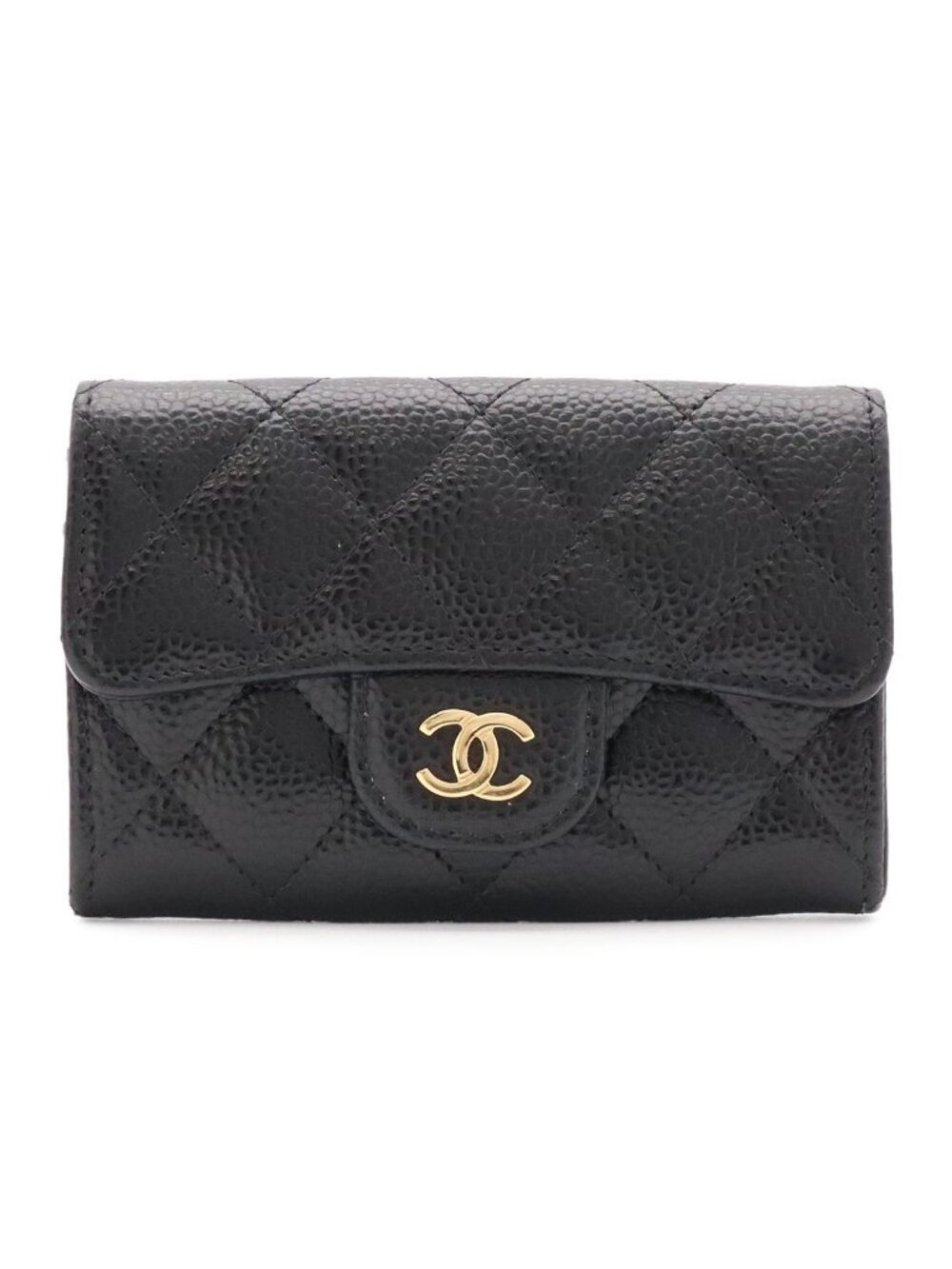 Chanel Quilted la Chic Flap Card Case CC Logo Business Caviar Leather Black Gold